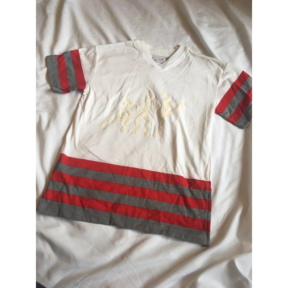 VTG Royal Deb Girls 80s 90s Workout Athletic White Red Grey Stripe Shirt 10 12 - Picture 2 of 10